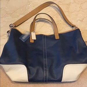 Navy & White Leather Coach bag purse Like New